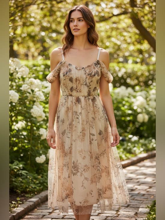 candalite Dresses & Skirts - Candalite Petite Medium Floral Off-Shoulder Midi Dress sparkle beige brown fairy